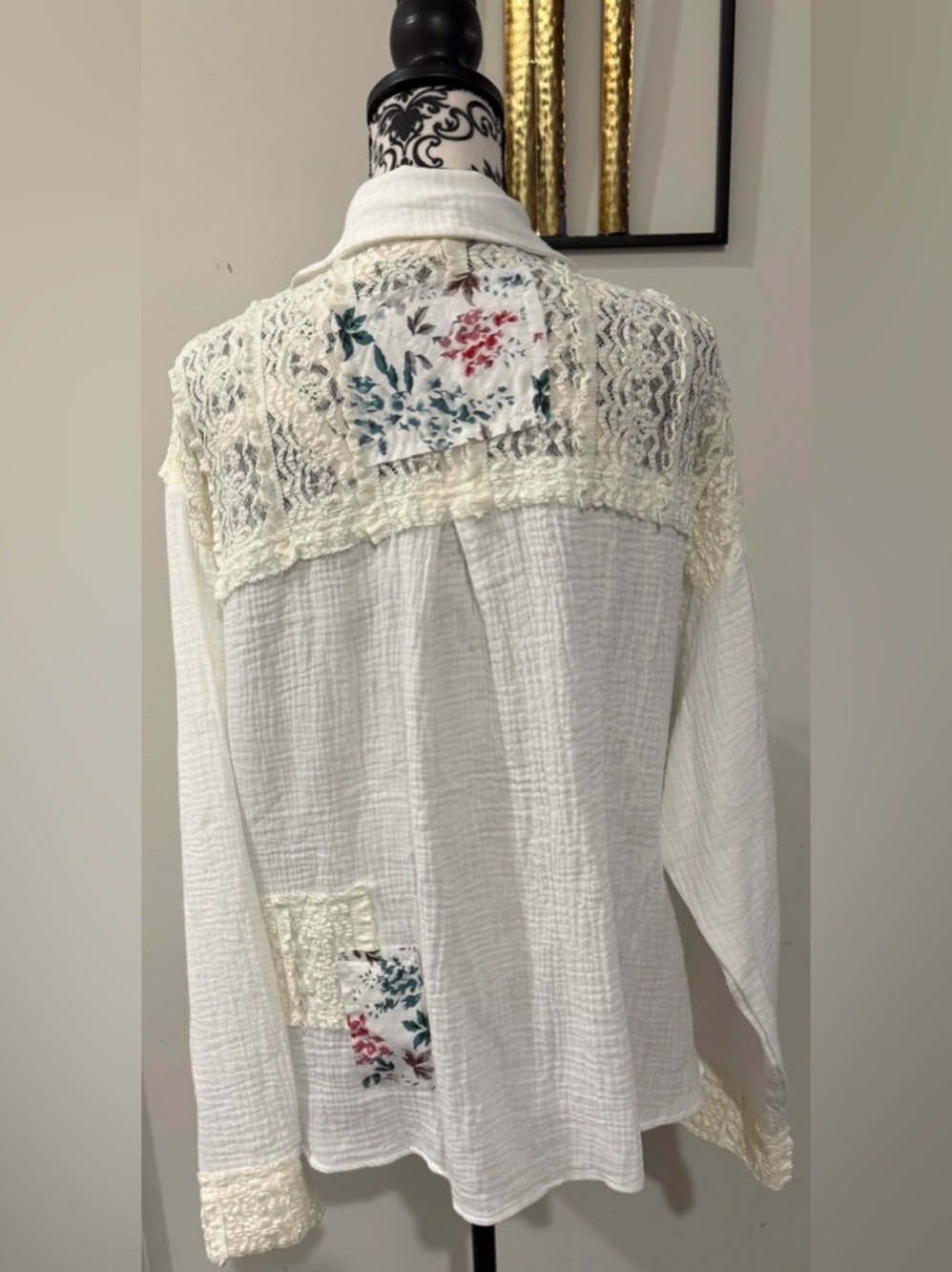 POL Ivory Lace-Up Patchwork Peasant Tunic - Picture 6 of 9